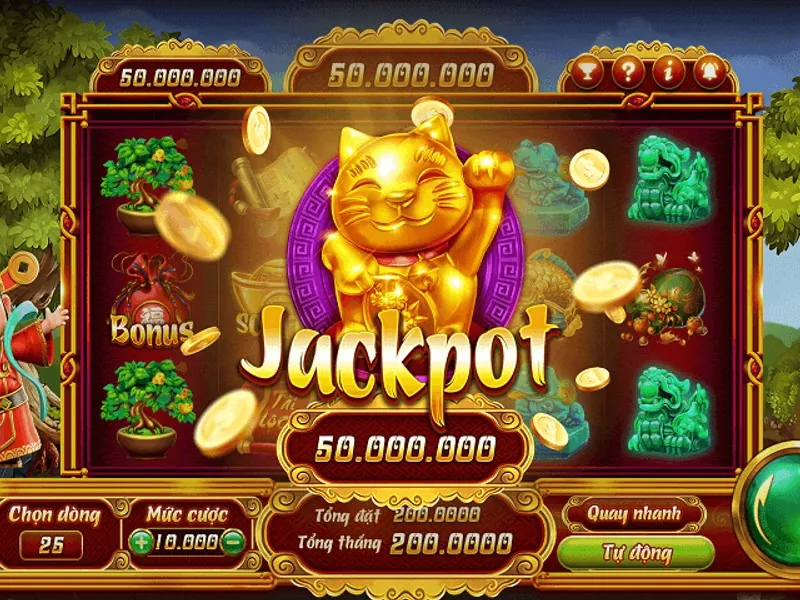 Màn hình máy đánh bạc với biểu tượng jackpot lớn và màu sắc rực rỡ